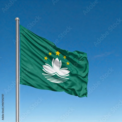 national flag of macao, waving against blue sky, flag of the nation, blowing in the wind photo