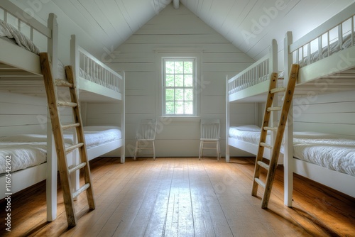 A White Dormitory Room with a Wooden Floor Containing Six Bunk Beds

 photo