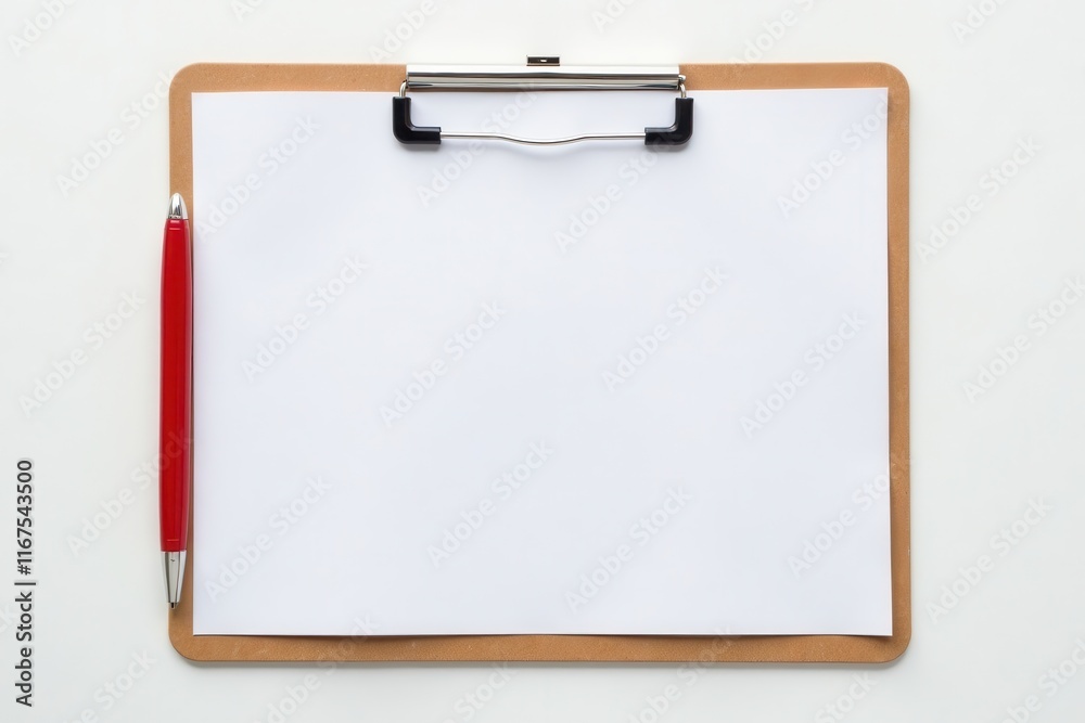 Clean clipboard, pen ready; isolated on white surface, plan, learning, note Clean clipboard, pen ready; isolated on white surface, plan, learning, note