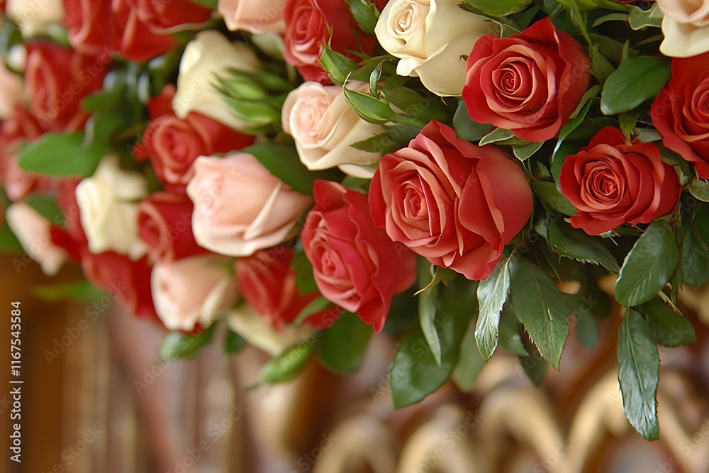 Red, pink, and white roses with green leaves on a wooden background. Red, pink, and white roses with green leaves on a wooden background.