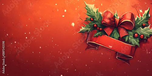 Obraz na płótnie Christmas Holly and Berries on Red Background w salonie