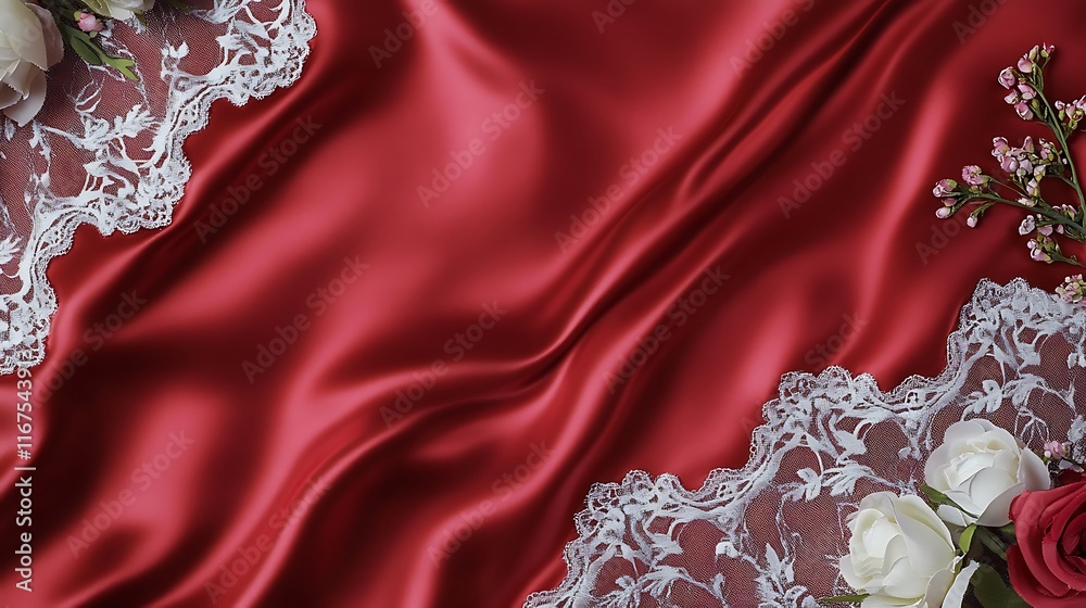 Red Satin Drapery Decorated With White Lace and Roses Red Satin Drapery Decorated With White Lace and Roses