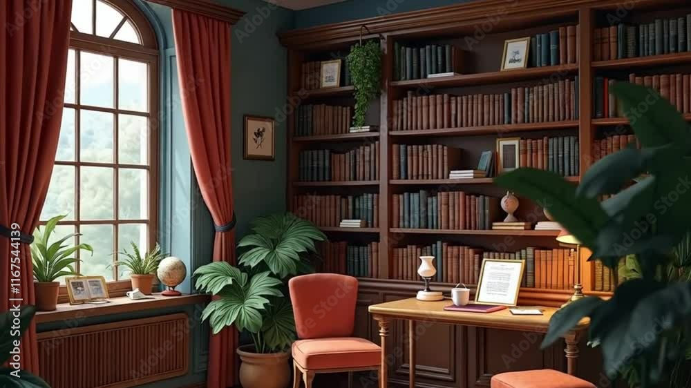 A cozy library nook with bookshelves holding texts in multiple languages, adorned with a globe, plants, and a steaming cup of tea on a side table.
