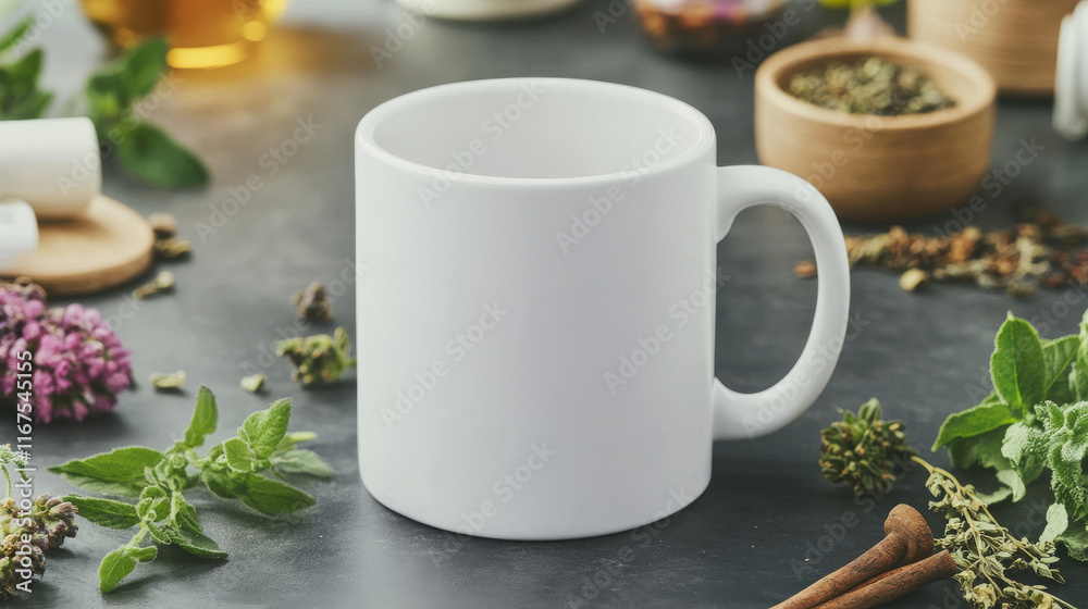 A blank white mug sits on a dark surface surrounded by herbs and tea ingredients, creating a calming and inviting scene. A blank white mug sits on a dark surface surrounded by herbs and tea ingredients, creating a calming and inviting scene.