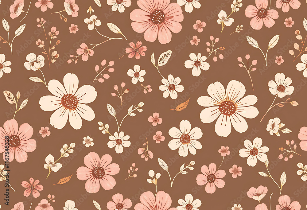 Fototapeta premium Seamless vector pattern with hand drawn decorative vintage groovy flowers. Perfect for textile