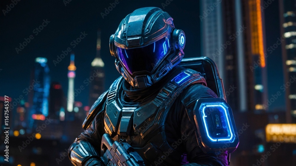 Futuristic soldier in high-tech armor in neon cityscape Futuristic soldier in high-tech armor in neon cityscape