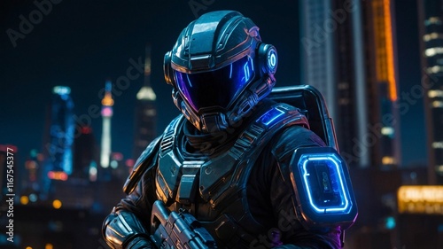 Futuristic soldier in high-tech armor in neon cityscape photo