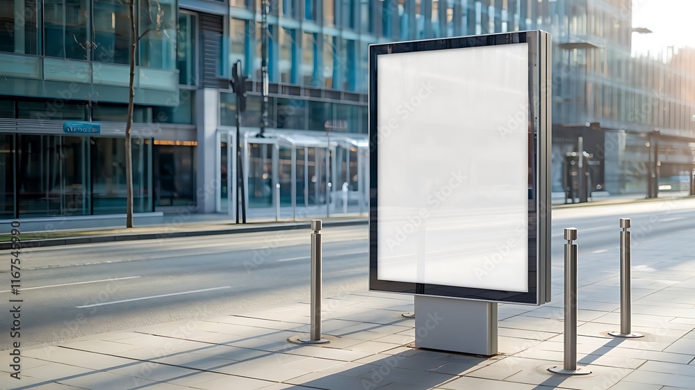 Fototapeta premium Urban Advertising Billboard Mockup on a Paved Sidewalk with Blurred City Street Background