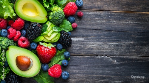 Assortment of fresh vegetables and berries on wooden table
