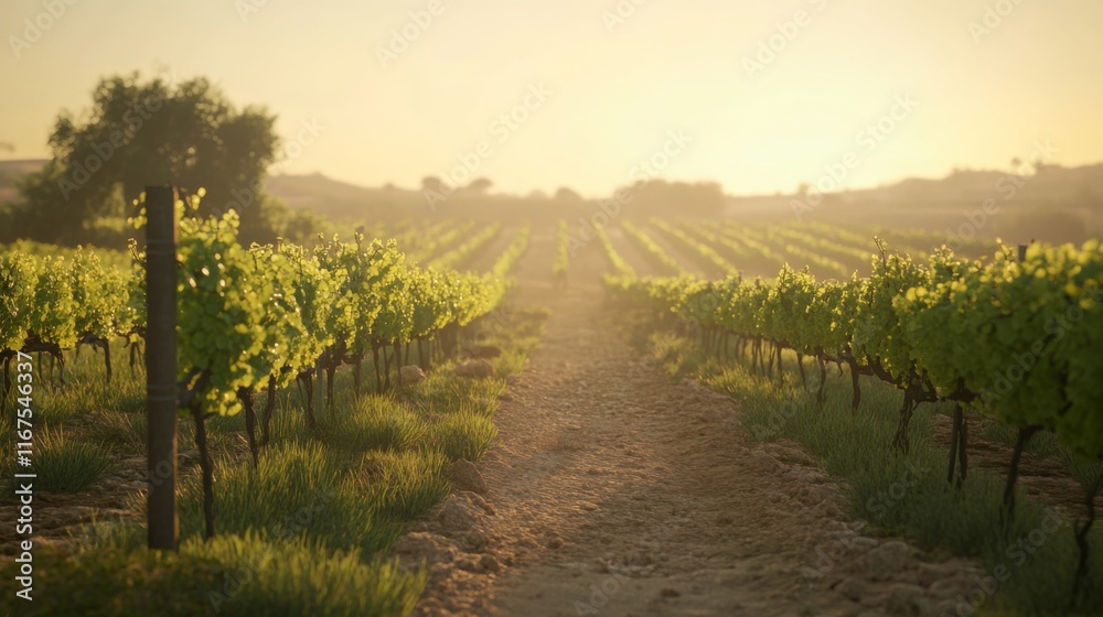 Fototapeta premium Serene Vineyard at Sunset with Soft Lighting