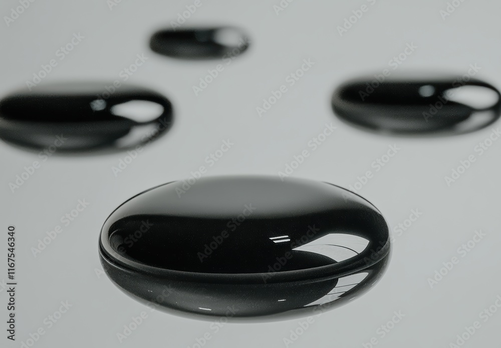 黒い液体の水滴が表面に浮かぶ様子