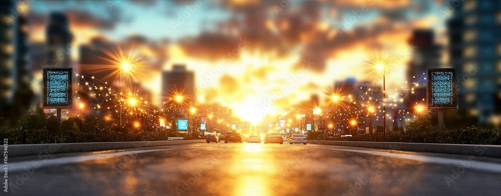 Obraz premium Smart Cities Powered by Interconnected IoT Systems, a realistic photo of a vibrant cityscape with smart traffic lights, public displays, and connected buildings illuminated by sunset