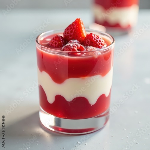 Close-up shot of layered strawberry taho and ice, colorful, dessert, texture photo