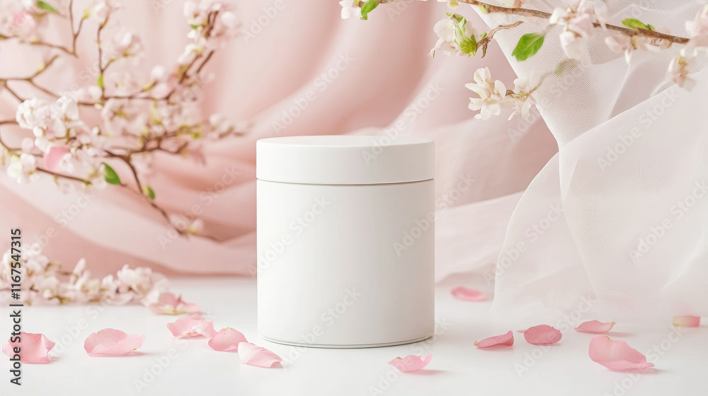 White jar on pink fabric with delicate cherry blossoms. Soft, elegant product presentation. White jar on pink fabric with delicate cherry blossoms. Soft, elegant product presentation.