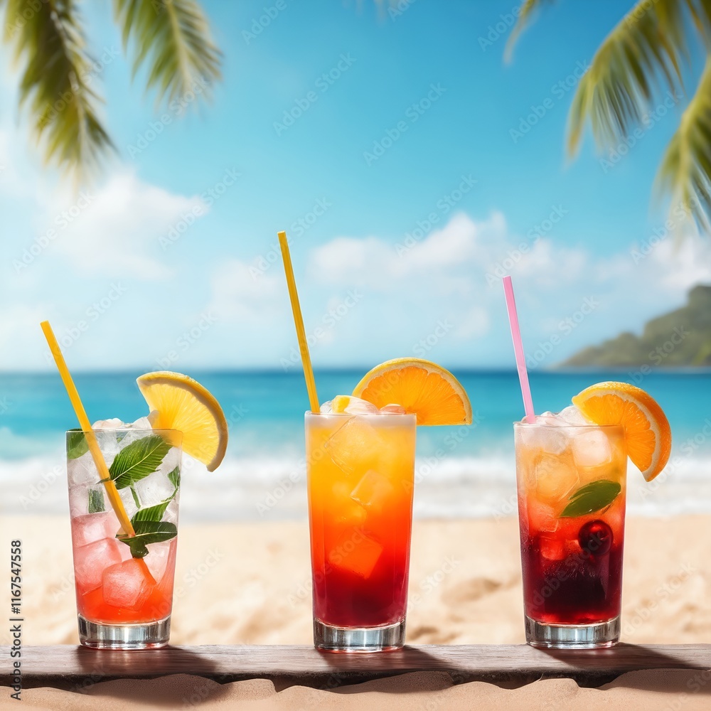 Alkohol cocktails in glasses on bar counter against tropical beach