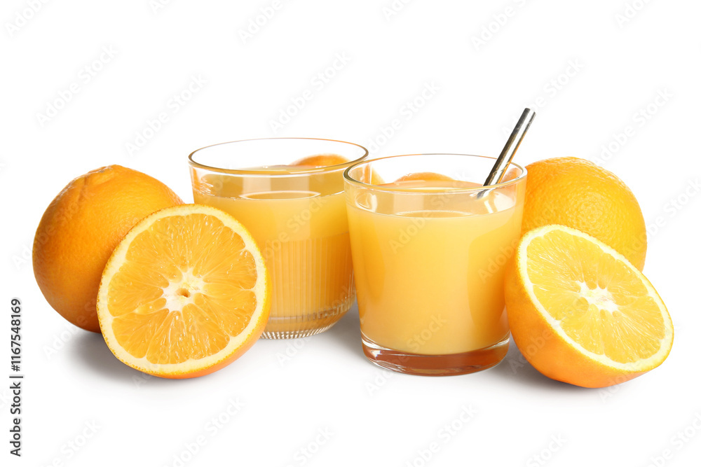 Glasses of fresh orange juice and fruits on white background Glasses of fresh orange juice and fruits on white background