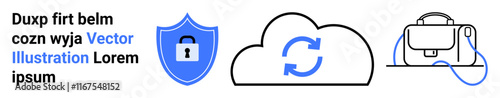 Shield with lock symbol, cloud with sync icon, bag with headphones. Ideal for data security, cloud storage, backup solutions, travel, cybersecurity, tech services, digital protection. Landing page