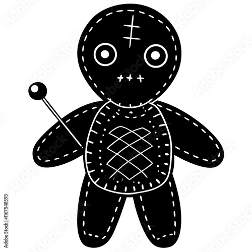 Cute Voodoo Doll with Heart Pin Black and White Vector Illustration