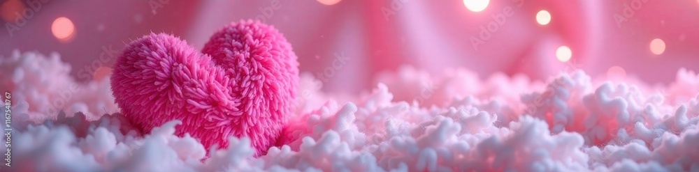 Neon pink heart rests on fluffy white fur Valentine's Day backdrop , seasonal, holiday Neon pink heart rests on fluffy white fur Valentine's Day backdrop , seasonal, holiday