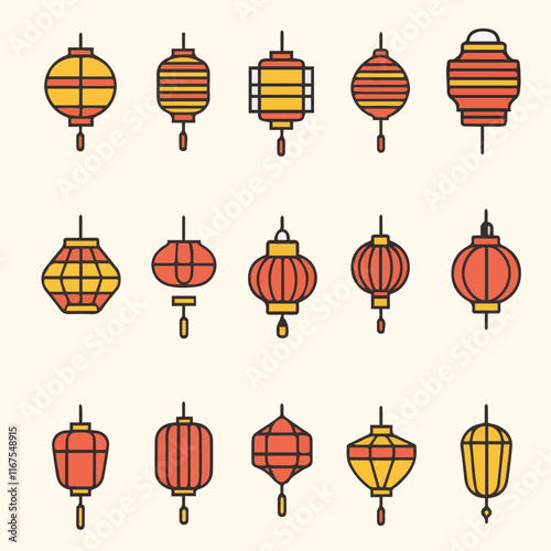 Outline Icon set of cute lantern in Lunar Chinese New Year