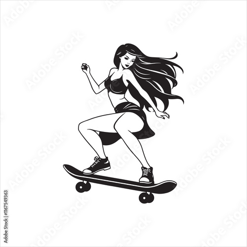 Vector illustration of a woman snowboarding and riding a scooter in a stylish, sporty pose