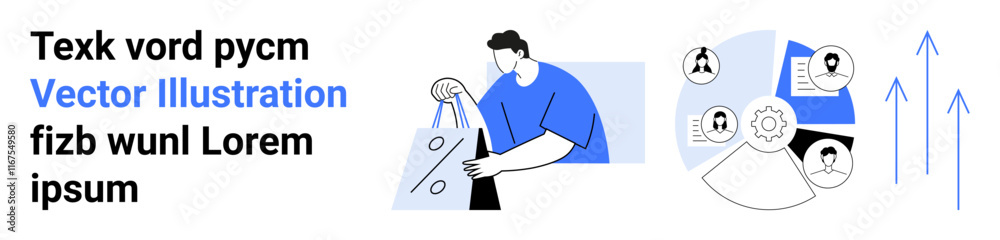 Man setting up a presentation easel, teamwork-related icons including cogwheels, profiles, charts, upward arrows. Ideal for business strategy, project management, teamwork, growth planning Man setting up a presentation easel, teamwork-related icons including cogwheels, profiles, charts, upward arrows. Ideal for business strategy, project management, teamwork, growth planning