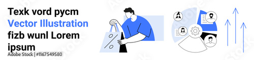 Man setting up a presentation easel, teamwork-related icons including cogwheels, profiles, charts, upward arrows. Ideal for business strategy, project management, teamwork, growth planning