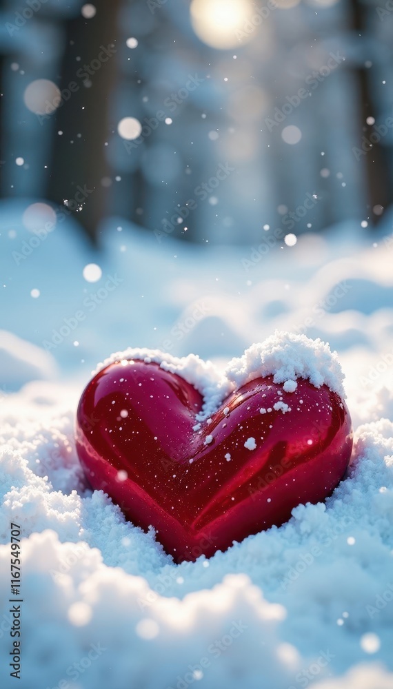 Obraz premium Crimson hearts rest in a blanket of fresh snow , still, scene