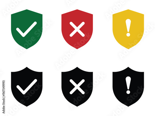 Security protection shields icon set. Safe and unsafe sign symbol, Shield check mark and cross icon suspicious activity.
