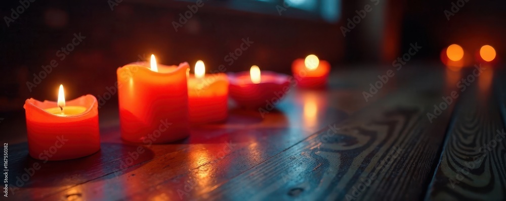 Several candles burn, casting shadows on the floor, vintage, old, setting