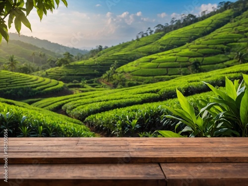 mockup for product background with green mountain valley tea plantation on sunny day in sri lanka