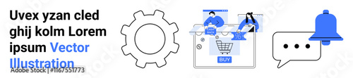 Blue gear icon, team collaborating on e-commerce platform, shopping cart, bell notification, and speech bubble. Ideal for e-commerce, collaboration tools, notifications, technology settings