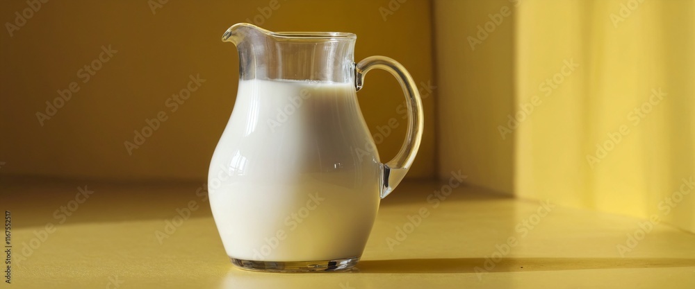 Milk jar pitcher on table, light yellow interior Milk jar pitcher on table, light yellow interior