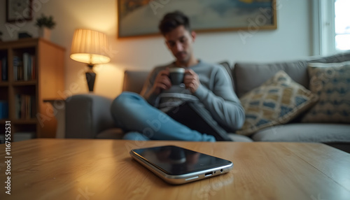 Man relaxing on a couch with a cup in hand while a smartphone lies on the table in a cozy living room setting