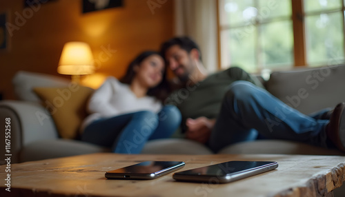 Couple relaxing on a sofa indoors with smartphones on a coffee table during a cozy afternoon