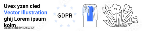 Text elements with placeholder content next to a GDPR emblem, clothing rack with shirts, and floral doodle. Ideal for privacy policies, online shopping, nature themes, business presentations. Landing