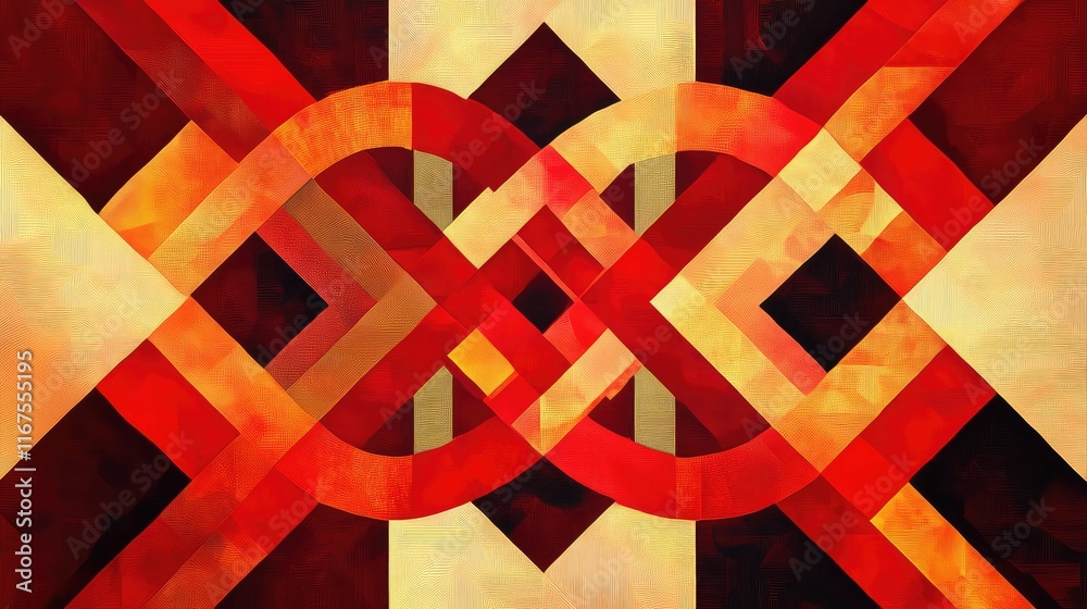 custom made wallpaper toronto digitalGeometric abstract Chinese knot art with bold red and gold shapes, symbolizing unity and harmony.
