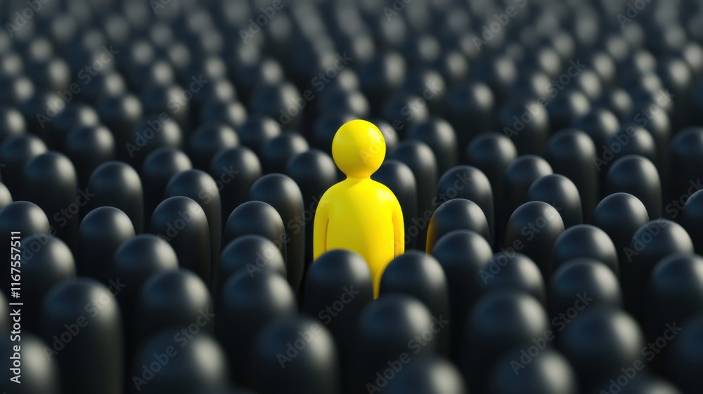 Unique yellow figure among black crowd conceptual art urban environment close-up view identity and individuality