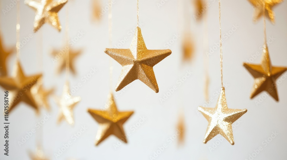 A collection of golden stars hanging decoratively, creating a festive atmosphere. A collection of golden stars hanging decoratively, creating a festive atmosphere.