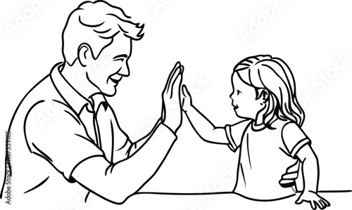 Man high-fiving with his little daughter in continuous line art drawing style