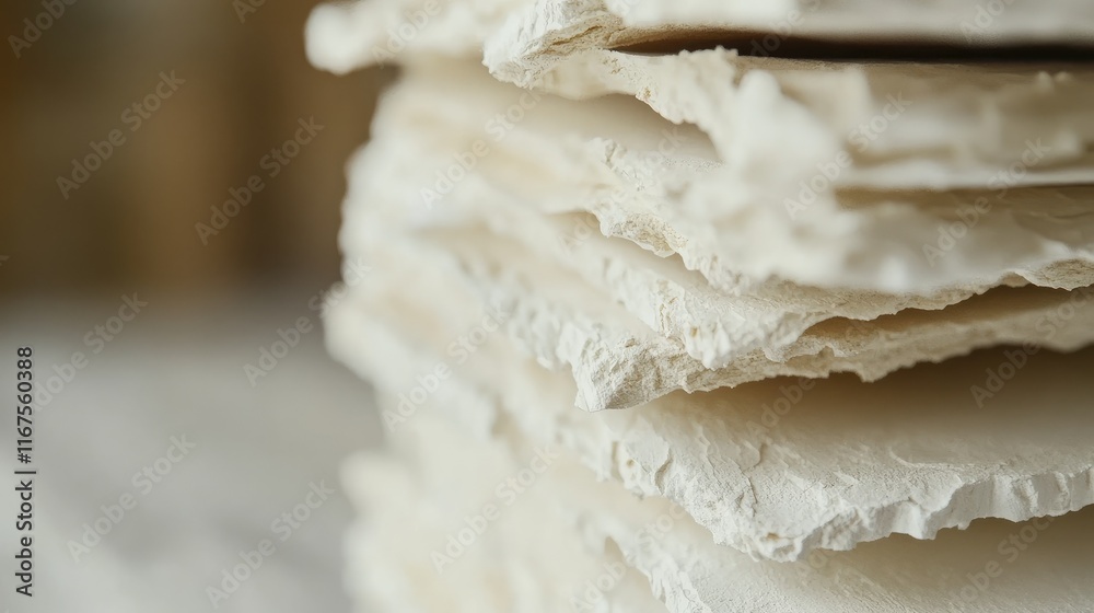 A close-up of stacked, textured sheets of material, possibly paper or clay. A close-up of stacked, textured sheets of material, possibly paper or clay.