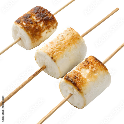 A set of three toasted marshmallows on wooden skewers, with golden-brown edges and fluffy interiors photo
