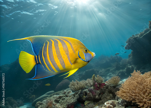 A regal queen angelfish with a yellow and blue body glowing under tropical sunlight. photo