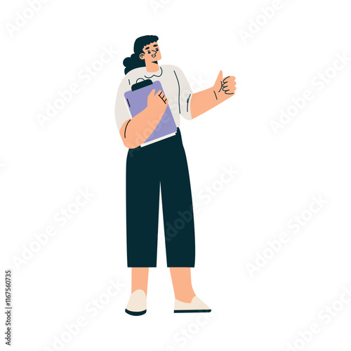 Woman Standing with Clipboard at Shooting Film Movie Production Scene Vector Illustration