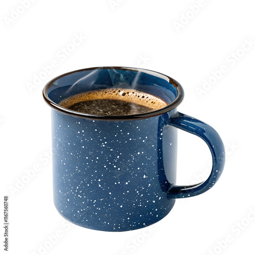 A blue enamel camping mug with a speckled design, filled with steaming hot coffee photo