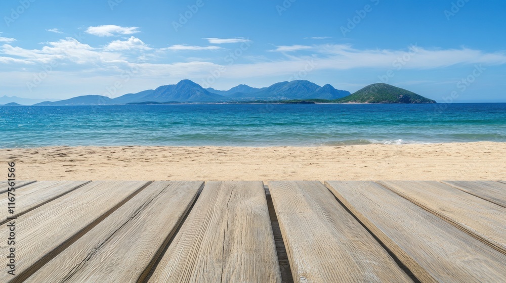 Fototapeta premium Serene Beachscape: Wooden Deck Overlooking Turquoise Waters and Majestic Mountains