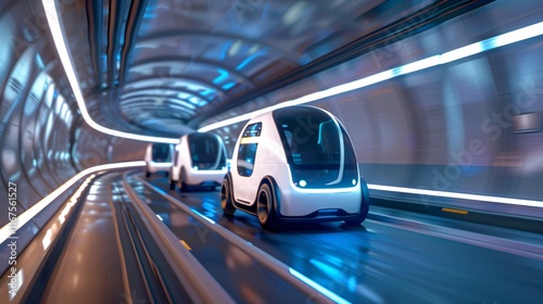 Autonomous electric vehicle pod like car driving through a high tech futuristic tunnel showcasing modern transportation technology and infrastructure of the future photo