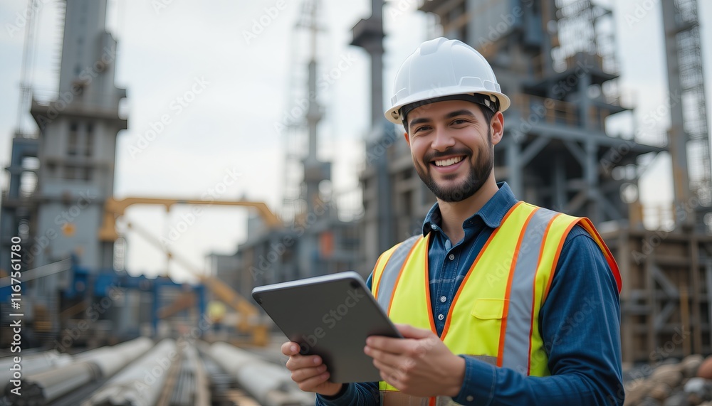 Skilled worker smiling while holding tablet on industrial site Skilled worker smiling while holding tablet on industrial site