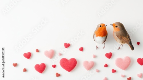 Two adorable birds perched together surrounded by pink and red hearts, creating romantic and charming scene on white background