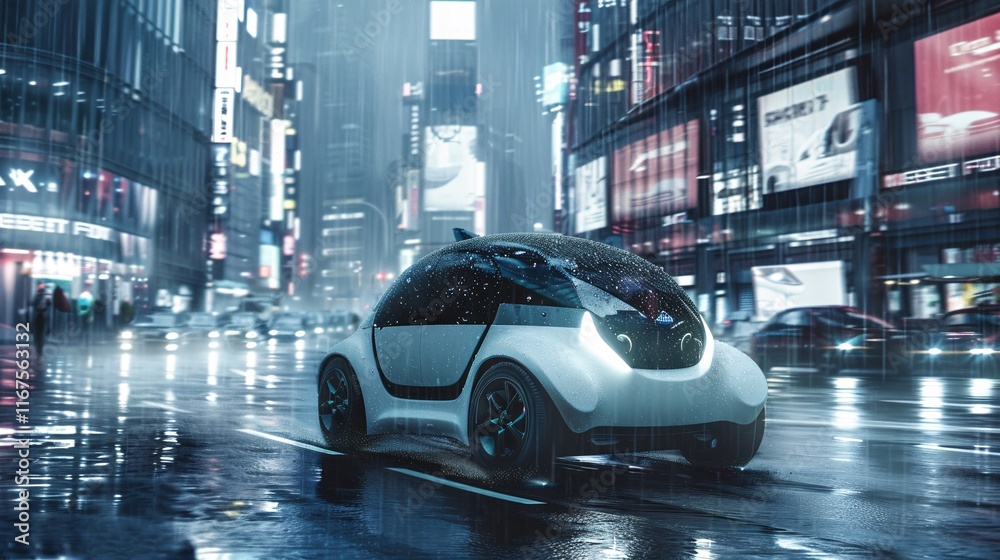 Sleek autonomous electric vehicle navigating a rainy futuristic city landscape at night The car s advanced design and eco friendly technology suggest a sustainable Sleek autonomous electric vehicle navigating a rainy futuristic city landscape at night The car s advanced design and eco friendly technology suggest a sustainable